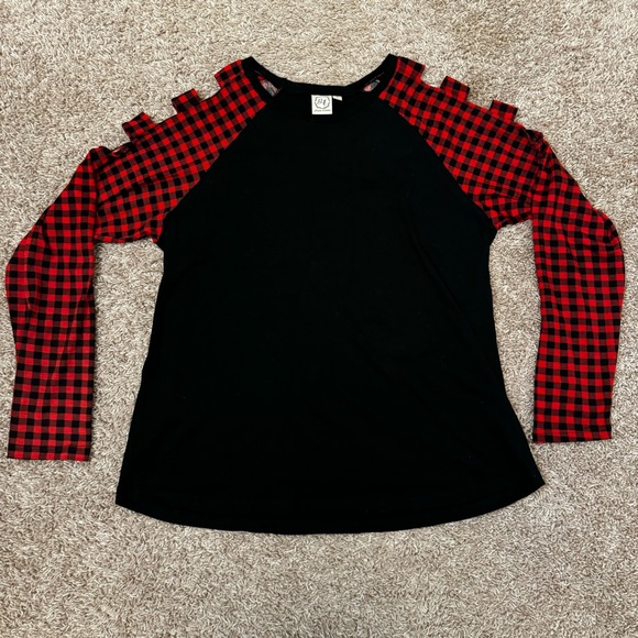 Women’s “CHECKED ALL THE BOXES TOP” Black & Red Checkered Long Sleeve Tee Size L - Picture 10 of 17